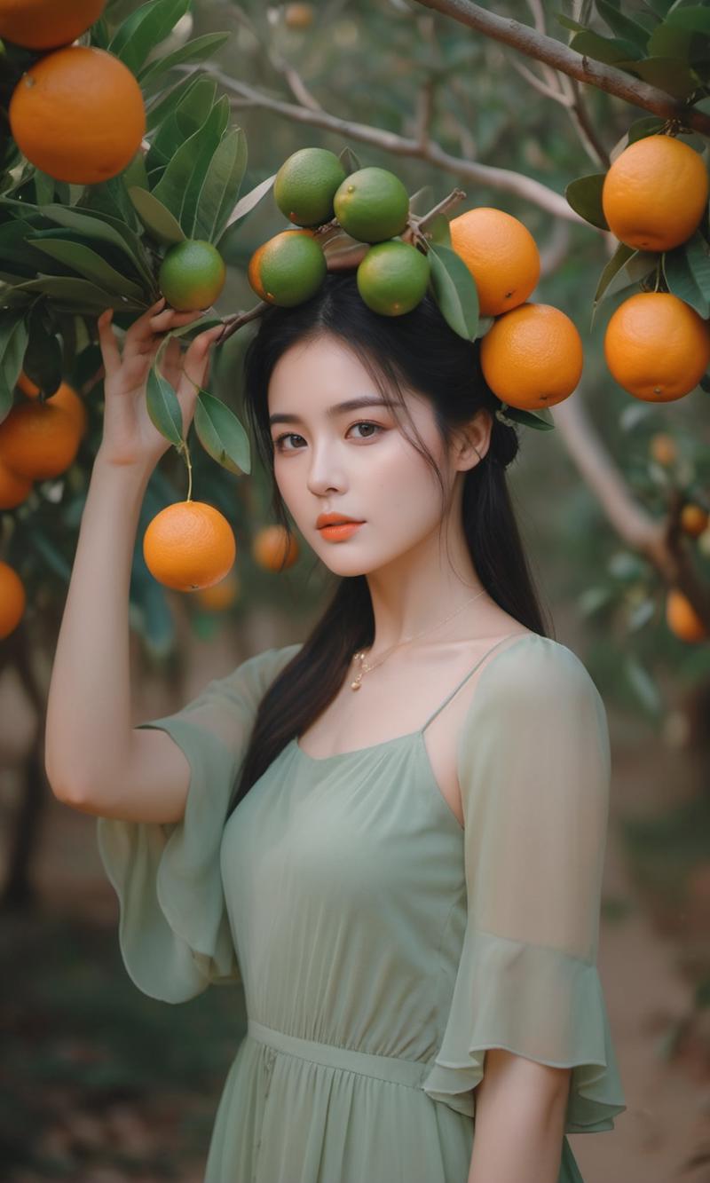 03970-3970214550-a woman in a green dress holding fruit on her head and a tree branch in her hand with oranges on it,in the style of cute and dre.png